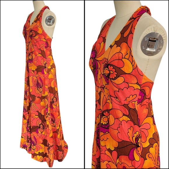 Vintage 1960s 1970s Neon Barkcloth? Halter Maxi Dress Summer Floral 10 M - Picture 6 of 16